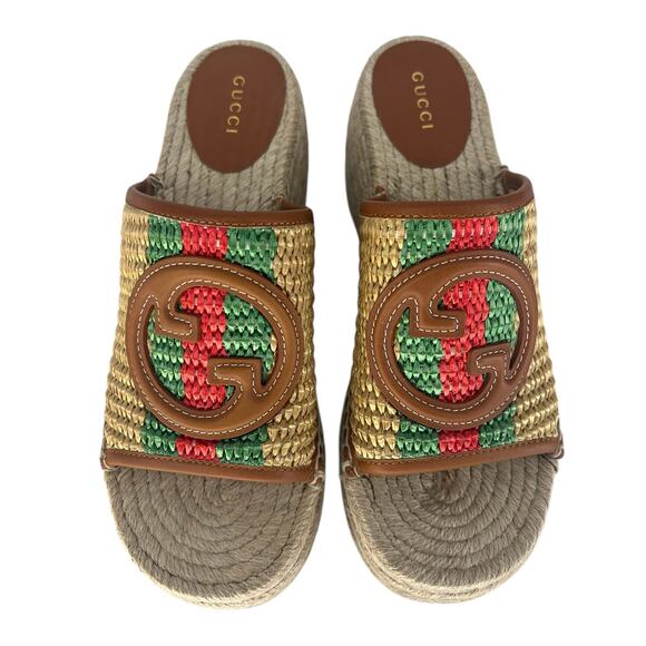 Gucci Adela Leather Trimmed Raffia Wedge Espadrilles - Picture 12 of 16